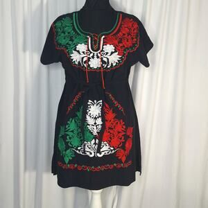 Mexican Style Floral Embroidered Dress Tunic XXL Black Cotton Boho Lace Up